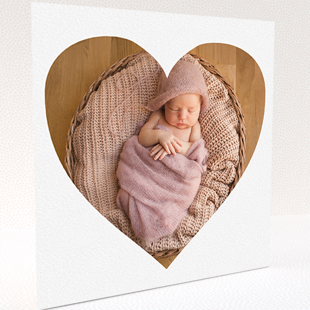 A baby thank you card called "One Big Heart". It is a square (148mm x 148mm) card in a square orientation. It is a photographic baby thank you card with room for 1 photo. "One Big Heart" is available as a folded card, with mainly white colouring.