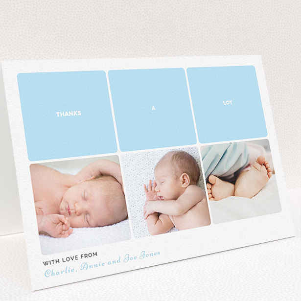 A baby thank you card design called "Our Little One". It is an A5 card in a landscape orientation. It is a photographic baby thank you card with room for 3 photos. "Our Little One" is available as a folded card, with tones of blue and white.