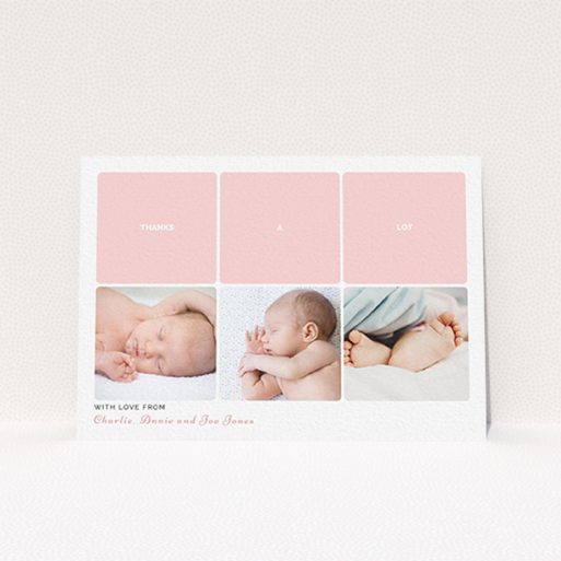 A baby thank you card named "Our Little One". It is an A6 card in a landscape orientation. It is a photographic baby thank you card with room for 3 photos. "Our Little One" is available as a flat card, with tones of pink and white.