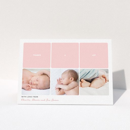 A baby thank you card design named "Our Little One". It is an A6 card in a landscape orientation. It is a photographic baby thank you card with room for 3 photos. "Our Little One" is available as a folded card, with tones of pink and white.