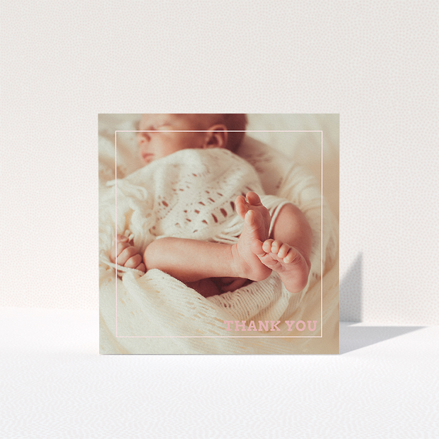 A baby thank you card design titled "Over Photo Frame". It is a square (148mm x 148mm) card in a square orientation. It is a photographic baby thank you card with room for 1 photo. "Over Photo Frame" is available as a folded card, with mainly white colouring.