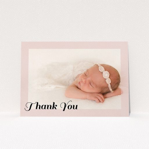 A baby thank you card template titled "Pastel Diagonals". It is an A5 card in a landscape orientation. It is a photographic baby thank you card with room for 1 photo. "Pastel Diagonals" is available as a flat card, with tones of pink and white.