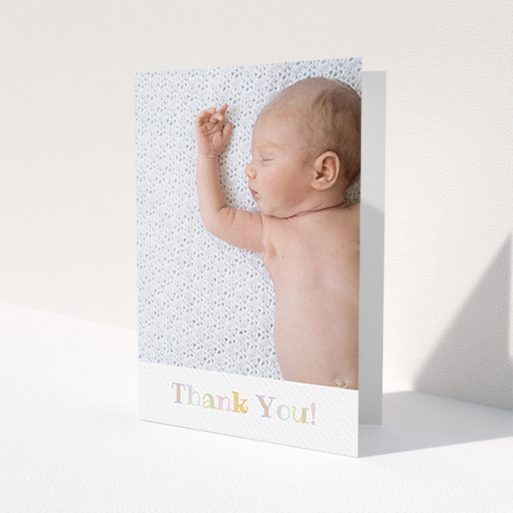 A baby thank you card template titled 'Pastel Thank You'. It is an A6 card in a portrait orientation. It is a photographic baby thank you card with room for 1 photo. 'Pastel Thank You' is available as a folded card, with tones of white and green.