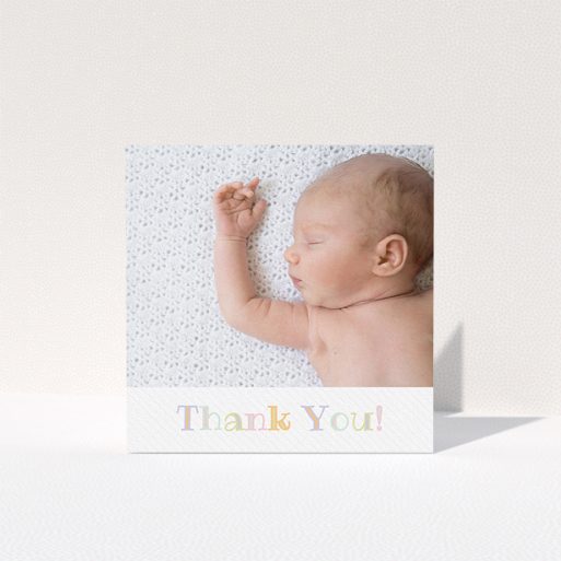 A baby thank you card design named "Pastel Thank You". It is a square (148mm x 148mm) card in a square orientation. It is a photographic baby thank you card with room for 1 photo. "Pastel Thank You" is available as a folded card, with tones of white and green.