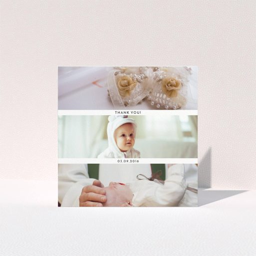 A baby thank you card design called "Short Landscape Frames". It is a square (148mm x 148mm) card in a square orientation. It is a photographic baby thank you card with room for 3 photos. "Short Landscape Frames" is available as a folded card, with mainly white colouring.