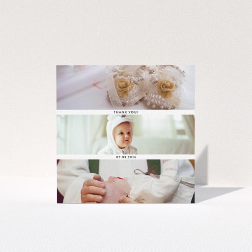 A baby thank you card design called "Short Landscape Frames". It is a square (148mm x 148mm) card in a square orientation. It is a photographic baby thank you card with room for 3 photos. "Short Landscape Frames" is available as a folded card, with mainly white colouring.