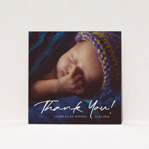 A baby thank you card design titled "Simple Appreciation". It is a square (148mm x 148mm) card in a square orientation. It is a photographic baby thank you card with room for 1 photo. "Simple Appreciation" is available as a flat card, with mainly white colouring.