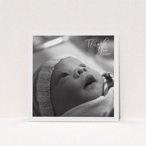 A baby thank you card design named "Simple Landscape Thanks". It is a square (148mm x 148mm) card in a square orientation. It is a photographic baby thank you card with room for 1 photo. "Simple Landscape Thanks" is available as a flat card, with mainly white colouring.
