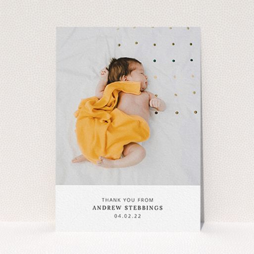 A baby thank you card named "Simple, Portrait Thank You". It is an A6 card in a portrait orientation. It is a photographic baby thank you card with room for 1 photo. "Simple, Portrait Thank You" is available as a flat card, with mainly white colouring.