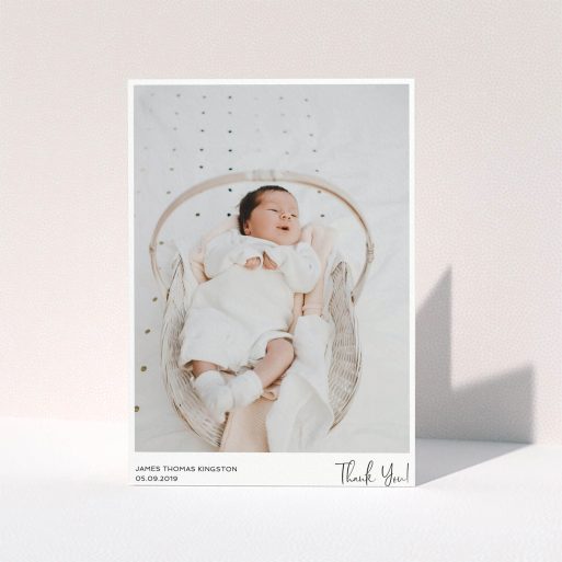 A baby thank you card design called "Simple Wedding Thank You". It is an A5 card in a portrait orientation. It is a photographic baby thank you card with room for 1 photo. "Simple Wedding Thank You" is available as a folded card, with mainly white colouring.
