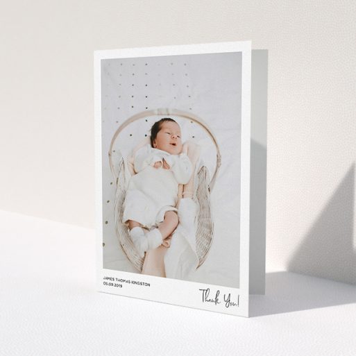 A baby thank you card design called 'Simple Wedding Thank You'. It is an A5 card in a portrait orientation. It is a photographic baby thank you card with room for 1 photo. 'Simple Wedding Thank You' is available as a folded card, with mainly white colouring.