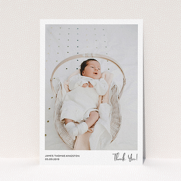 A baby thank you card called "Simple Wedding Thank You". It is an A6 card in a portrait orientation. It is a photographic baby thank you card with room for 1 photo. "Simple Wedding Thank You" is available as a flat card, with mainly white colouring.