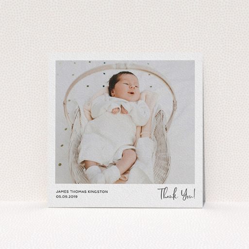 A baby thank you card design called "Simple Wedding Thank You". It is a square (148mm x 148mm) card in a square orientation. It is a photographic baby thank you card with room for 1 photo. "Simple Wedding Thank You" is available as a flat card, with mainly white colouring.
