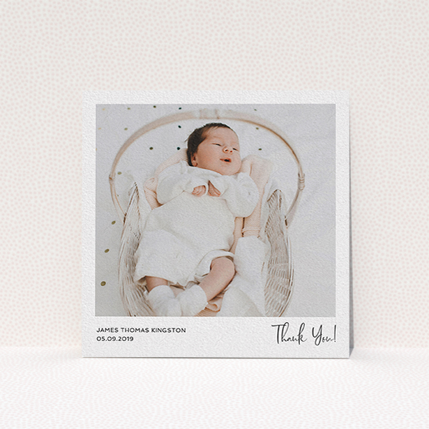 A baby thank you card design called "Simple Wedding Thank You". It is a square (148mm x 148mm) card in a square orientation. It is a photographic baby thank you card with room for 1 photo. "Simple Wedding Thank You" is available as a flat card, with mainly white colouring.