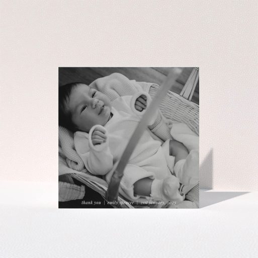 A baby thank you card called "Simple Wedding Thanks". It is a square (148mm x 148mm) card in a square orientation. It is a photographic baby thank you card with room for 1 photo. "Simple Wedding Thanks" is available as a folded card, with mainly white colouring.