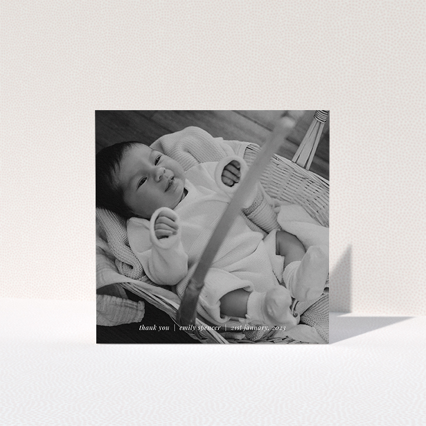 A baby thank you card called "Simple Wedding Thanks". It is a square (148mm x 148mm) card in a square orientation. It is a photographic baby thank you card with room for 1 photo. "Simple Wedding Thanks" is available as a folded card, with mainly white colouring.