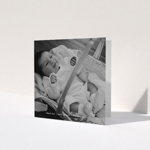 A baby thank you card called 'Simple Wedding Thanks'. It is a square (148mm x 148mm) card in a square orientation. It is a photographic baby thank you card with room for 1 photo. 'Simple Wedding Thanks' is available as a folded card, with mainly white colouring.