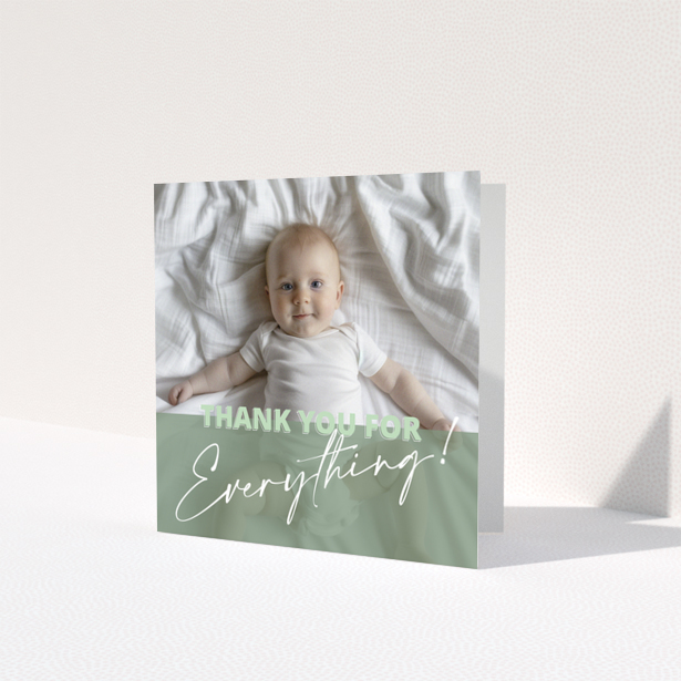 Baby thank you card design with one photo of a baby on a bed