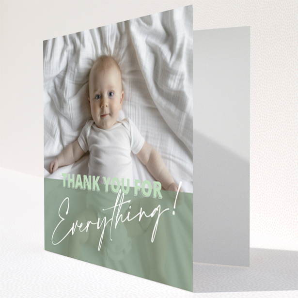Baby thank you card design with one photo of a baby on a bed