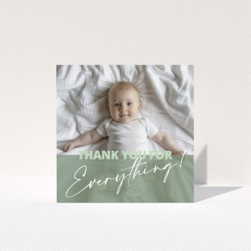 Baby thank you card design with one photo of a baby on a bed
