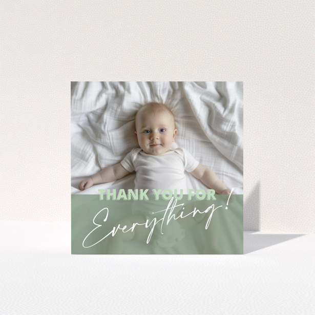 Baby thank you card design with one photo of a baby on a bed