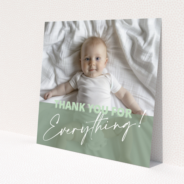 Baby thank you card design with one photo of a baby on a bed