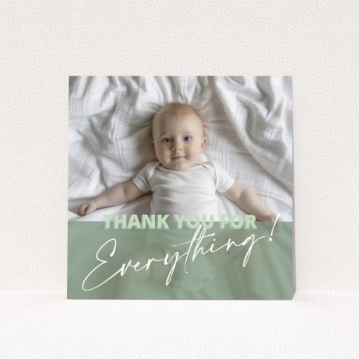 Baby thank you card design with one photo of a baby on a bed