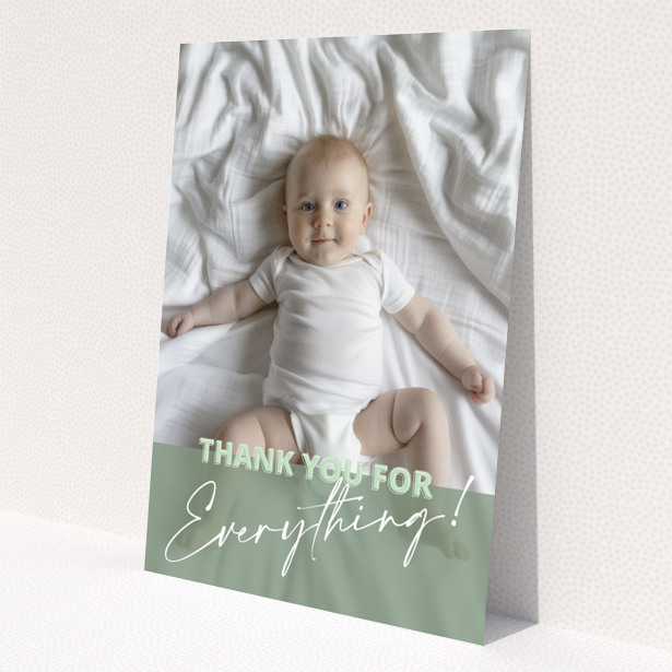 Baby thank you card design with one photo of a baby on a bed