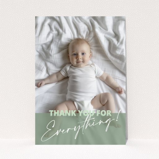 Baby thank you card design with one photo of a baby on a bed