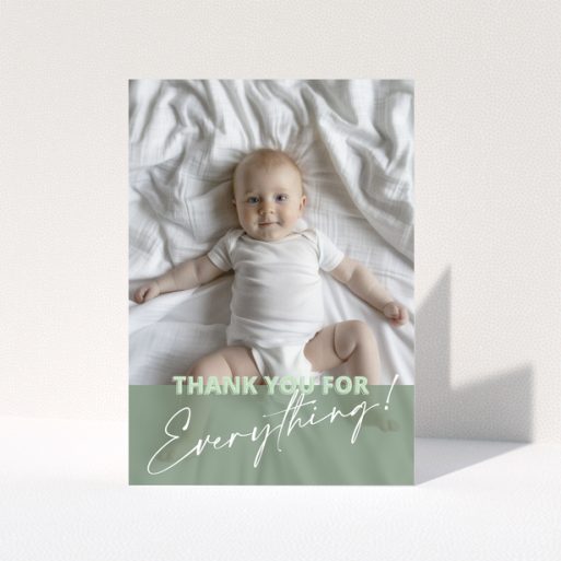 Baby thank you card design with one photo of a baby on a bed