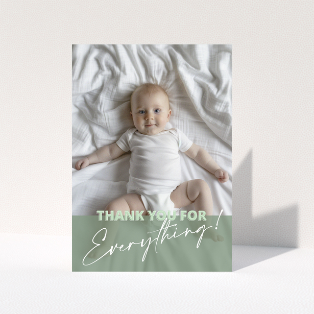 Baby thank you card design with one photo of a baby on a bed