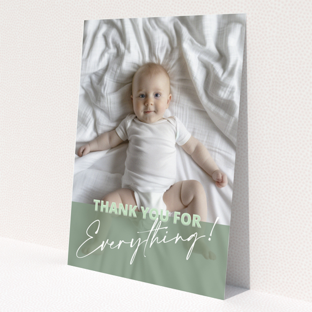 Baby thank you card design with one photo of a baby on a bed