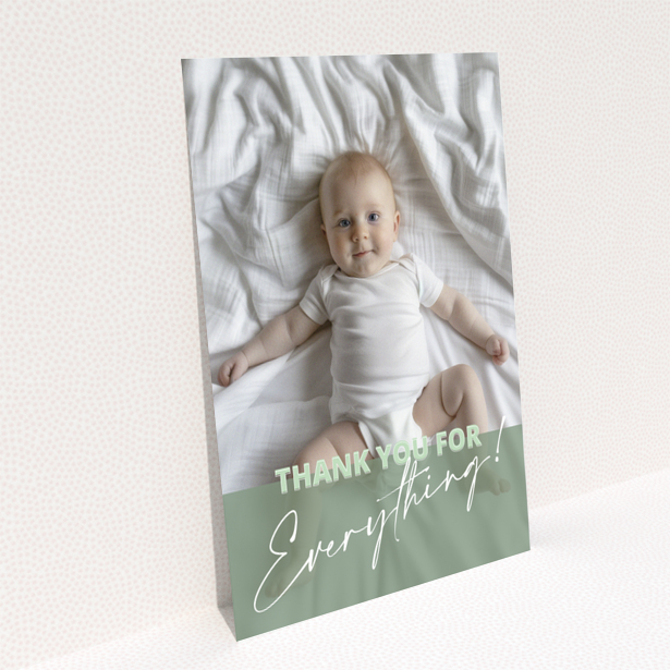 Baby thank you card design with one photo of a baby on a bed