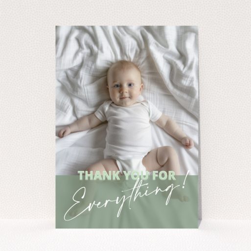 Baby thank you card design with one photo of a baby on a bed