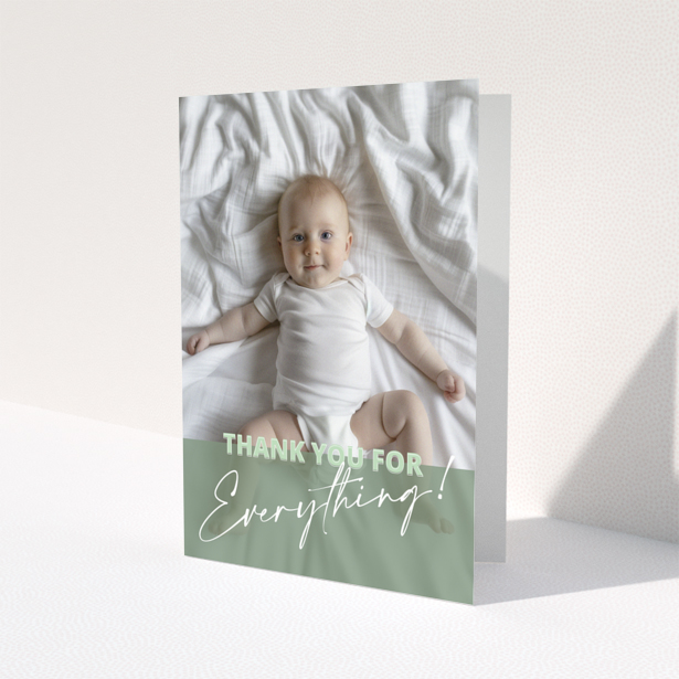 Baby thank you card design with one photo of a baby on a bed