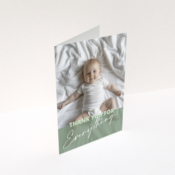 Baby thank you card design with one photo of a baby on a bed