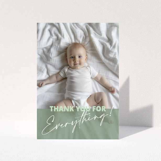 Baby thank you card design with one photo of a baby on a bed