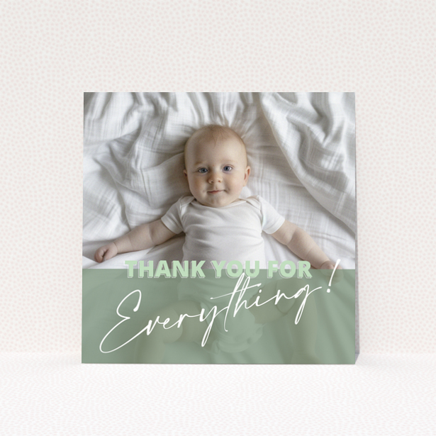 Baby thank you card design with one photo of a baby on a bed
