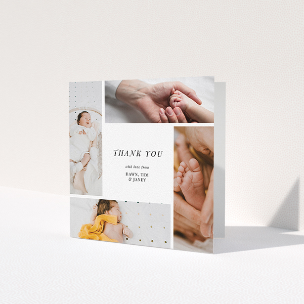 A baby thank you card design titled 'Spiral Frames'. It is a square (148mm x 148mm) card in a square orientation. It is a photographic baby thank you card with room for 4 photos. 'Spiral Frames' is available as a folded card, with mainly white colouring.