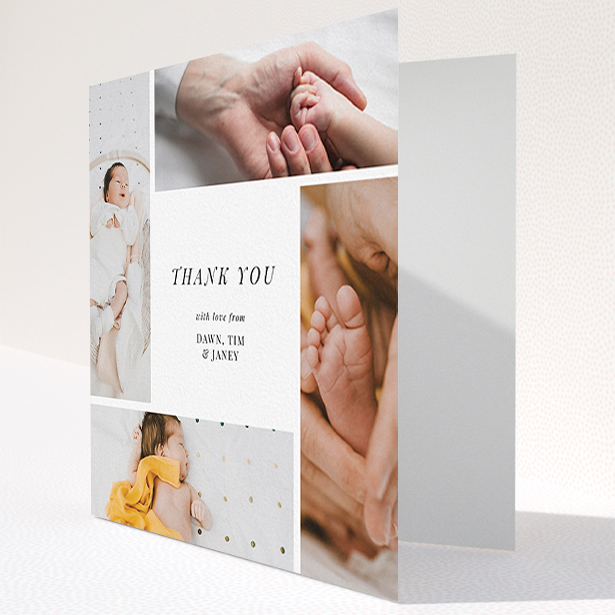 A baby thank you card design titled "Spiral Frames". It is a square (148mm x 148mm) card in a square orientation. It is a photographic baby thank you card with room for 4 photos. "Spiral Frames" is available as a folded card, with mainly white colouring.