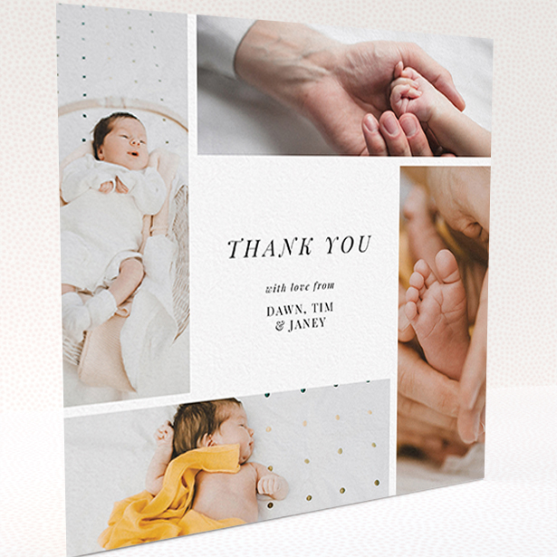 A baby thank you card design titled "Spiral Frames". It is a square (148mm x 148mm) card in a square orientation. It is a photographic baby thank you card with room for 4 photos. "Spiral Frames" is available as a folded card, with mainly white colouring.