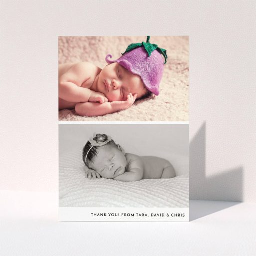 A baby thank you card design titled "Stacked Landscapes". It is an A6 card in a portrait orientation. It is a photographic baby thank you card with room for 2 photos. "Stacked Landscapes" is available as a folded card, with mainly white colouring.