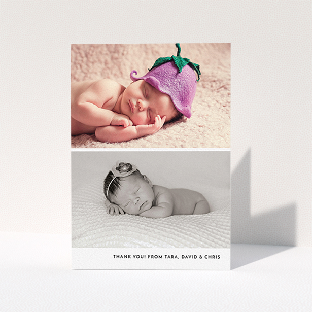 A baby thank you card design titled "Stacked Landscapes". It is an A6 card in a portrait orientation. It is a photographic baby thank you card with room for 2 photos. "Stacked Landscapes" is available as a folded card, with mainly white colouring.