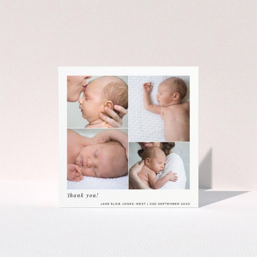 A baby thank you card design called "Stacked Photos". It is a square (148mm x 148mm) card in a square orientation. It is a photographic baby thank you card with room for 4 photos. "Stacked Photos" is available as a folded card, with mainly white colouring.