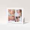 A baby thank you card design called "Stacked Photos". It is a square (148mm x 148mm) card in a square orientation. It is a photographic baby thank you card with room for 4 photos. "Stacked Photos" is available as a folded card, with mainly white colouring.