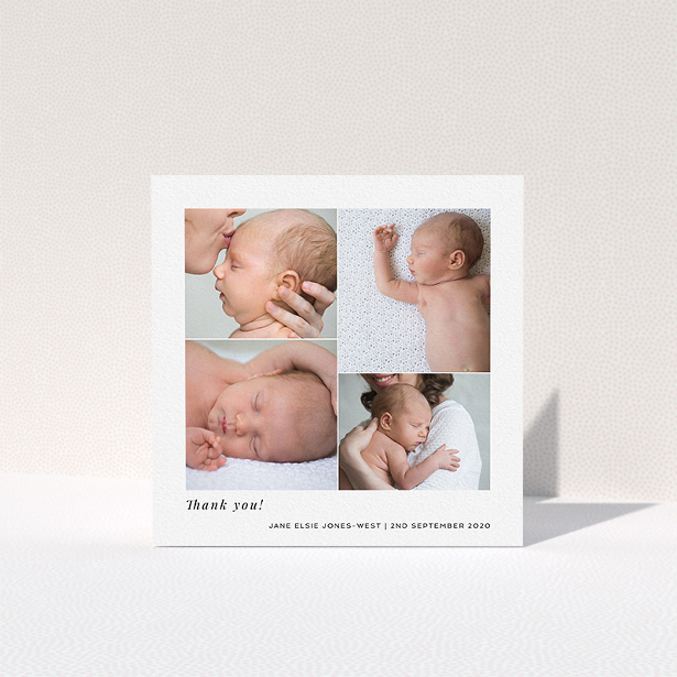 A baby thank you card design called "Stacked Photos". It is a square (148mm x 148mm) card in a square orientation. It is a photographic baby thank you card with room for 4 photos. "Stacked Photos" is available as a folded card, with mainly white colouring.