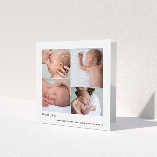 A baby thank you card design called 'Stacked Photos'. It is a square (148mm x 148mm) card in a square orientation. It is a photographic baby thank you card with room for 4 photos. 'Stacked Photos' is available as a folded card, with mainly white colouring.