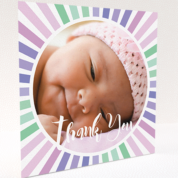 A baby thank you card design titled "Sun Centre". It is a square (148mm x 148mm) card in a square orientation. It is a photographic baby thank you card with room for 1 photo. "Sun Centre" is available as a folded card, with mainly light pink colouring.