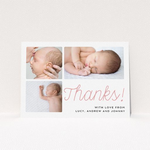 A baby thank you card design called "Thank You Cursive". It is an A5 card in a landscape orientation. It is a photographic baby thank you card with room for 3 photos. "Thank You Cursive" is available as a flat card, with tones of white and pink.