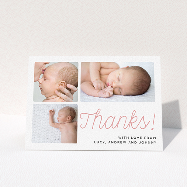 A baby thank you card template titled "Thank You Cursive". It is an A6 card in a landscape orientation. It is a photographic baby thank you card with room for 3 photos. "Thank You Cursive" is available as a folded card, with tones of white and pink.